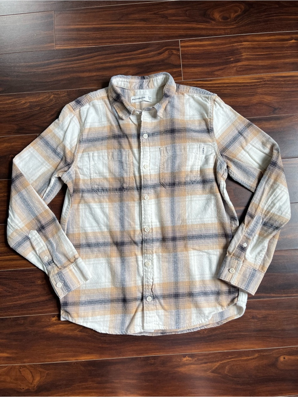 abercrombie kids Tan, Cream, and Gray Plaid Button-Down Shirt, 13/14, EUC